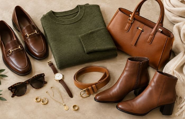 Brown shoes bags belts and accessories styled with green clothing